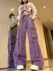 Capris pour femmes taille haute élastique Cargo avec ceinture poche décontractée lâche Vintage Harajuku Streetwear pantalon à jambes larges pantalon violet coréen 0113