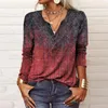 Vintage Geometrische U-Neck Taste T-Shirt Frauen Herbst Elegante Bequeme Lange Hülse Tops Weibliche Lose Pendler Tees Neue