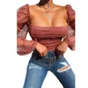 Blouses Femmes Chemises Mode Printemps Automne Tops Femmes Chemise Chemisier Ruché À Manches Longues En Dentelle Tulle À Bretelles Col Carré Sexy Cropped Lady