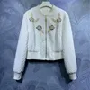 Kvinnors spårningsdräkter 2023 Early Spring Fashion Short Set High Quality Women Beading Deco Long Sleeve Bomber Jackets White Cotton Suits 2 st