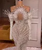 Düğün Denizkızı Elbiseler Uzun Kollu V Boyun Halesi 3D Dantel Aplikler Pullar Boncuklu Seksi İnciler İçi Boş Kat Uzunluğu Artı Boyut Gelin Önlükleri Abiti Da Sposa