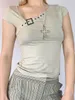 여자 티셔츠 cuteandpsycho 캐주얼 스트리트웨어 레트로 티 셔츠 여자 꼬치 넥 세련