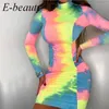 Robes décontractées Tie Dye Slip col roulé dos nu Sexy 2023 été automne femmes mode taille haute mince fête élégante moulante robe mi-longue