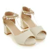 Sandaler Kvinnor Pumpar Bröllopsskor Mary Jane Party Pearl Ankle Strap Fashion Peep Toe Ladies Thick Heel Working Working