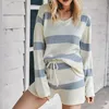 Kvinnors träningsdräkter Autumn Striped Sticked 2st Set Shorts Bottoms Women V Neck Long Sleeve Sweatshirt slips midja lounge slitage matchande outfit