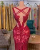 Red Mermaid Prom Dresses V Neck Sleeveless Straps 3D Lace Appliques Sequins Beaded Pearls Floor Length Hollow Sexy Celebrity Evening Dresses Plus Size Custom Made