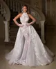 Robes de mariée sirène élégantes sans manches col haut dentelle fleurs perles paillettes appliques robes formelles train détachable robes de mariée grande taille robe de novia