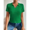 Women's Polos Women Polo Shirts Short Sleeve Knit T-shirt Plain Ladies Ribbed V-neck Crop Top Solid Slim Tees 2023 Summer Drop