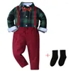 Clothing Sets Fashion Plaid Baby Boy Gentleman Suit Shirt With Bowtie Suspender Trousers Birthday Party Handsome Kids Boys