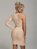 Casual Dresses Sexy One Shoulder Hollow Ring Apricot Long Sleeve Bodycon Rayon Bandage Mini Dress Fall 2023 Women's Elegant Party