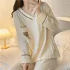 Damen-Nachtwäsche, koreanischer Stil, Damen-Pyjama-Sets, Frühlings-Herbst-Langarm-Bär-Druck-Nachtwäsche, lose, elegante Pyjamas, weiblich, Freizeit, 2-teilig