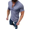 Men's T Shirts V-neck Flax Standing Collar Short Sleeve Shirt Button Solid Summer Loose Cotton Linen Breathable Classic