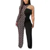 Plus maten Designer 2023 Nieuwe dames jumpsuits verkoopt sexy contrast kleur patchwork modieus bedrukte een schouderpolmogelijkheden