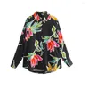 Women's Blouses Women Fashion Print Trim Shirts Flowers Long Sleeve Pockets Front Hidden Button Female Blusas Chic Tops 8772285