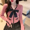 Femmes tricots japon Sueters De Mujer tempérament rétro automne col en V nœud rose Cardigan tricoté manteau mince à manches longues pull en tricot haut