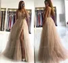 Champagne Grey Tulle Prom Dresses With Sexy Spaghetti Straps Appliques Illusion Top Beads A Line Evening Celebrity Gowns BC5488