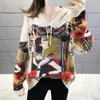 Women's Sweaters Knitted Hooded Sweater Women's Loose 2023 Autumn Dress Korean Coat Vintage Printing Outer Wear Top