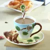 Tazze Piattini Creativo Dipinto a mano Scoiattolo Uccello Smalto Tazza da caffè con piattino Cucchiaio Set da tè Regalo di lusso unico per matrimonio Compleanno
