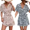 Party Dresses Summer Beach Mini Dress Women Leopard Zebra Print Boho Bandage Ruffles Wrap Casual V-Neck Sexy Short Robe Vestidos