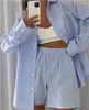Kvinnors träningsdräkter Loung Wear Tracksuit Women Shorts Set Stripe Long Sleeve Shirt Topps och Loose High midja Mini Two Piece 2023