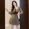 Casual Dresses Winter Fashion Ing Grid Wind Hanging Neck Pleated Skirt Two-piece Sweet Chilli Sauce Dress