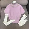 Kvinnors tröjor Heavy Industry Beads Pink Short Sleeve Sticked T-shirt Kvinnors stickat 2023 Spring High midja tröja med Raglan