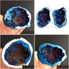 Dekoratif Nesneler Figürinler 1pcs Mavi Melek Aura Kuvars Crystal Geode Titanyum Bismut Sil Cluster Rainbow Reiki İyileştirme Del Dh8x4