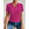 Women's Polos Women Polo Shirts Short Sleeve Knit T-shirt Plain Ladies Ribbed V-neck Crop Top Solid Slim Tees 2023 Summer Drop