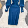 Casual Dresses Design Women's Autumn Puff Long Sleeve O-Neck Sticked Solid Color Kne Length Sweater Dress Bodycon Tunic Pench