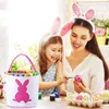 Festgåvor Easter Bunny Basket Påsar med handtag som bär gåva handväska ägg Hunt Bag Fluffy Tails Printed Rabbit Toys Hucket Tote for Kids Party Decoration