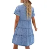 Robes de soirée femmes été droite Mini robe couleur unie lavé Vintage à manches courtes revers cou boutonné décontracté rétro Denim