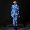 Stage Wear Nightclub Pole Dancing Body Manica lunga Blu Tuta alta elasticizzata per le donne Adult Gogo Dancer Festival Rave Outfit DWY5578