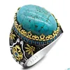 Pierścienie klastra marka 925 Sterling Sier Mens Natural Turquoise Ring Vintage Design z niebieskim CZ CZ Punk Rock Male T Drop dostarczenie J DHK9Y