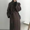 Cappotto da donna in misto lana da donna 2023 elegante sottile con lacci in vita medio-lungo imitazione cashmere streetwear soprabito coreano top