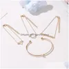 Charm Bracelets Fashion Jewelry Vintage Bracelet Set Triangle Circle Fishbone Geometric Opening Bangle 4Pcs/Set Drop Delivery Dh4Xn