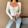 Kobiety damskie Normov Cotton Women Slim Sweater Sexy Square Kołnierz Longsleeve Cardigans Knese Solid Lace Up Female Street