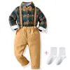 Clothing Sets Fashion Plaid Baby Boy Gentleman Suit Shirt With Bowtie Suspender Trousers Birthday Party Handsome Kids Boys