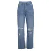 Women's Jeans Ladies Vintage High Waist Straight Button Pocket Trousers Loose Bagge Ripped Mom Denim Pants