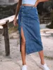 Skirts 2023 Denim Women's Button Irregular Split Maxi High Waist Midi Length Elegant Straight Skirt Retro Plaid