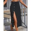 Skirts 2023 Denim Women's Button Irregular Split Maxi High Waist Midi Length Elegant Straight Skirt Retro Plaid