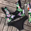 Kvinnors badkläder badtryckt strandkläder kostym Set Women Floral Pattern Bikini Point Bow Swims Sexy 2023