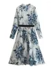 Casual Dresses 2023 Kvinnor Vintage Floral Print Pleated Dress Bow Tie Collar Lång ärm Kvinnlig vår Midi Vestido