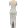 Stage Wear Gauze Perspective Pearl Rhinestones Striped Decoration Dress Short Sleeve Floor-Length Split Fork Sparkly Clothing For Women