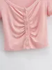 Magliette da donna UNUTH Casual Girls Pink Skinny Tees 2023 Summer Fashion Women Female Breasted maniche corte Vintage Folds Chic Tops