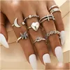 Cluster Rings 10Pcs/Set Vintage Lotus Flowers Moon Heart Shape Carved Blue Eye Wave Leaf Geoemtric Women Wedding Ring Drop Delivery J Dhzz9