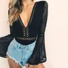 Women's Jumpsuits & Rompers Uguest Women Bodysuit Casual Solid Hollow Out Lace Open Back V-neck Bell Sleeve Sexy Club Party Romper Summer Au