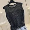 Women's Tanks 2023 Summer Ice Silk Lady Thin Knitted Girl Vest Women Breathable Casual Tank Top Sequined Beading Mesh Shirt Green