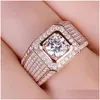 Cluster Rings Luxury 2 S Crystal Zircon Diamonds ädelstenar för män Rose Gold Color Jewel Band Bague Fashion Party Accessories Drop Dhymg