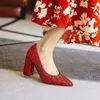 Dress Shoes Gold Silver Wedding Women Pumps High Block Heels Sequined Cloth Pointed Toe Bridesmaid Party Office Slip-on Lady