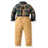 Kledingsets Fashion Plaid Baby Boy Gentleman Suit shirt met boogschorsing Suspener broek verjaardagsfeestje knappe kinderen jongens